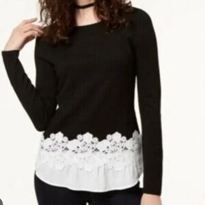 INC Sz M Shirt Black Knit Long sleeve White Lace Hem New NWT